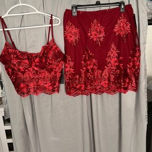 Womens dark red embroidered crop top and skirt set size 12